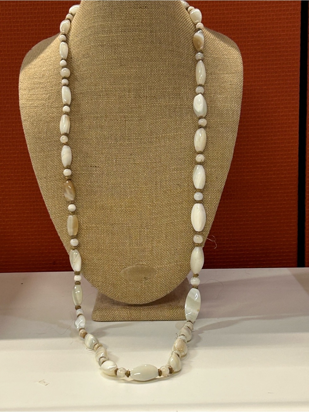 Vintage White Agate Chalcedony Heavy Barrel Bead Necklace
